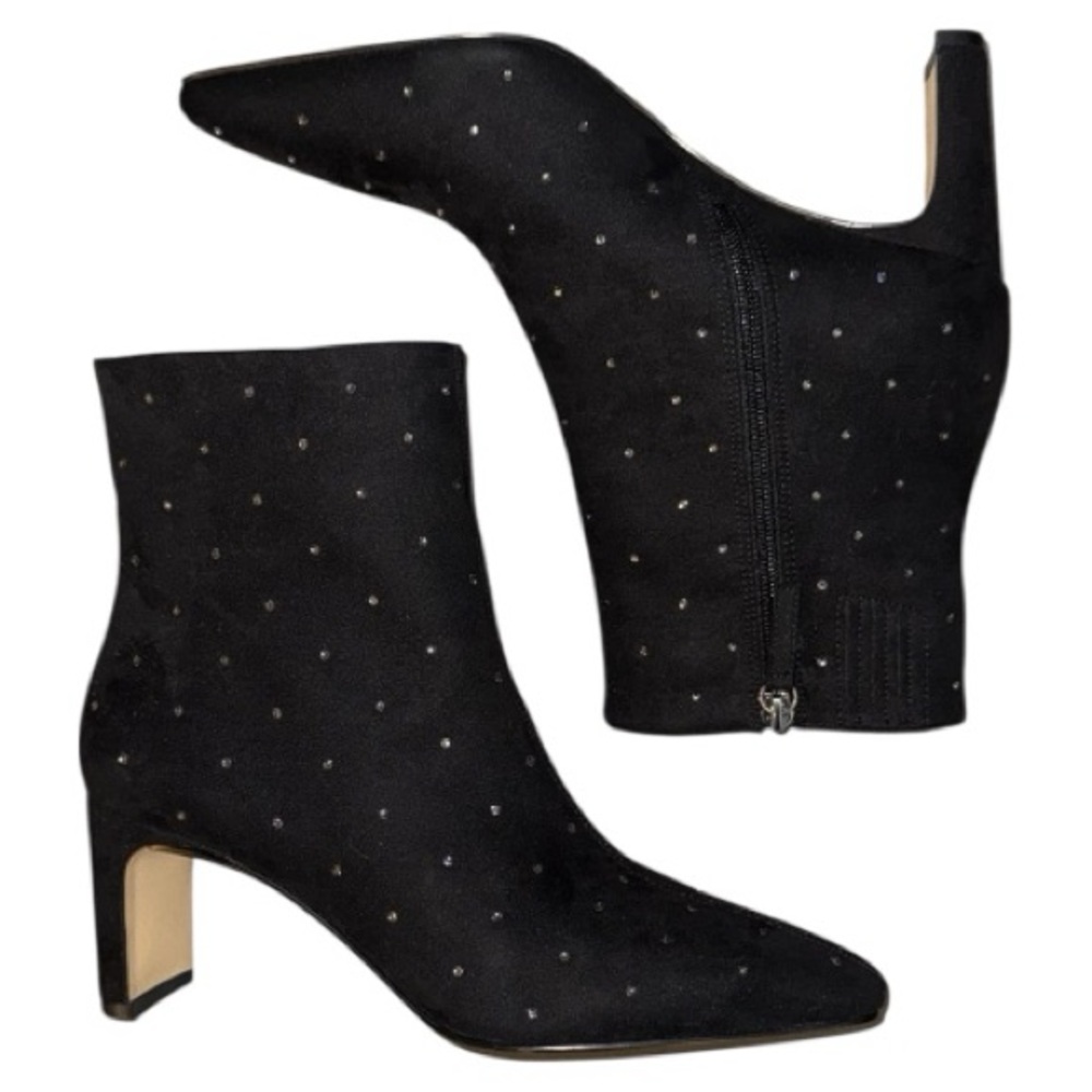 Rhinestone sparkles Snip-Toe Boots black faux micro suede 2.75” heel w/ zipper 9